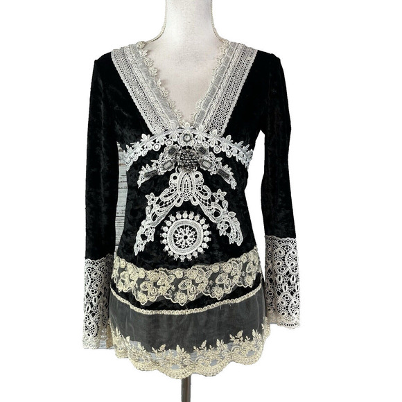 Passion Concept Blouse Tunic sz Small Black Velveteen Lace Beads Gothic Wedding - Picture 1 of 14